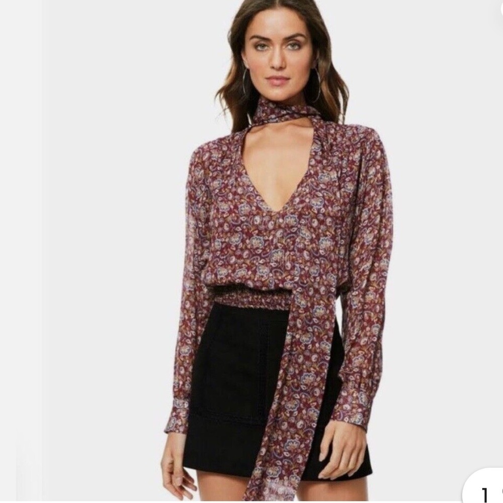 Ramy Brook Winslow metallic Maroon floral printed neck tie top